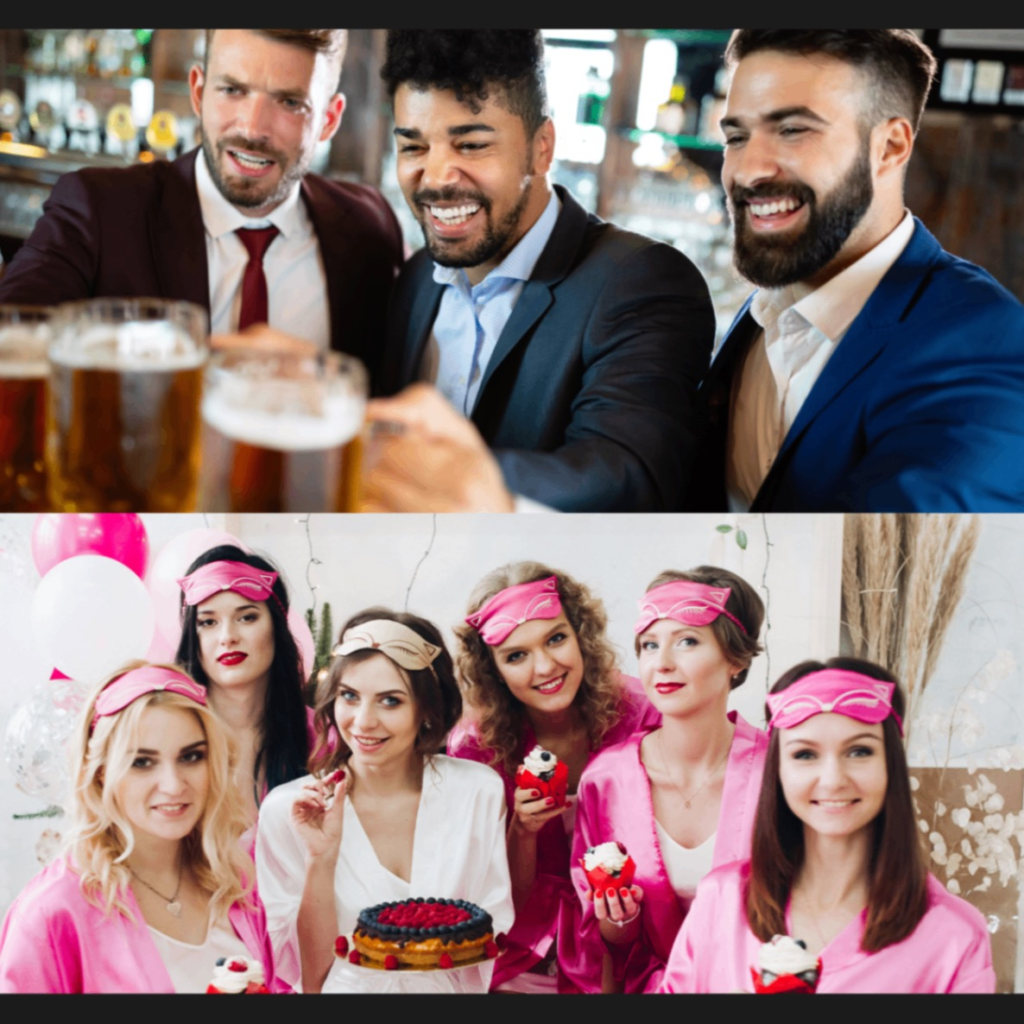 The top of the image is 3 men in suits clinking glasses of beer together at a Bacholor party, the lower half of the image is a group of ladies in robes celebrating a bachelorette party