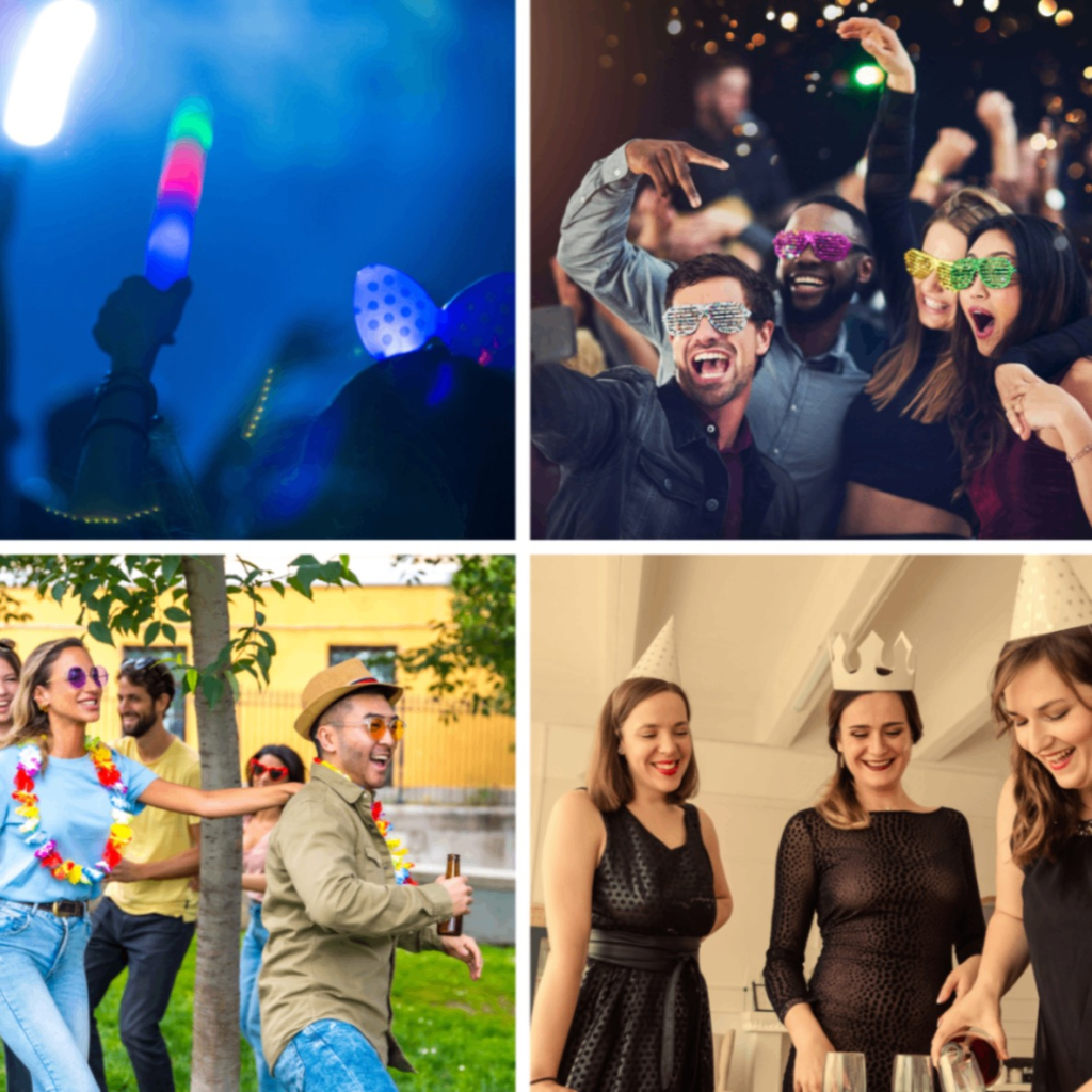 Images of glowsticks, party hats, leis, and other party accessories.